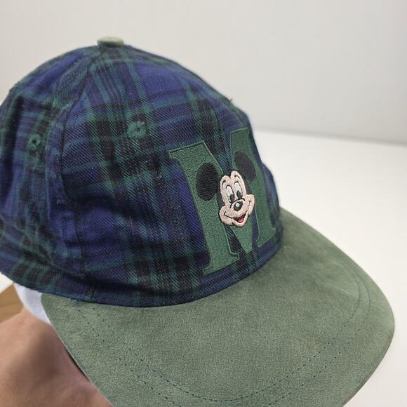 Vintage Mickey Mouse Hat Cap Snap Back Green Blue Plaid Suede Brim Mens 90s - Picture 6 of 11